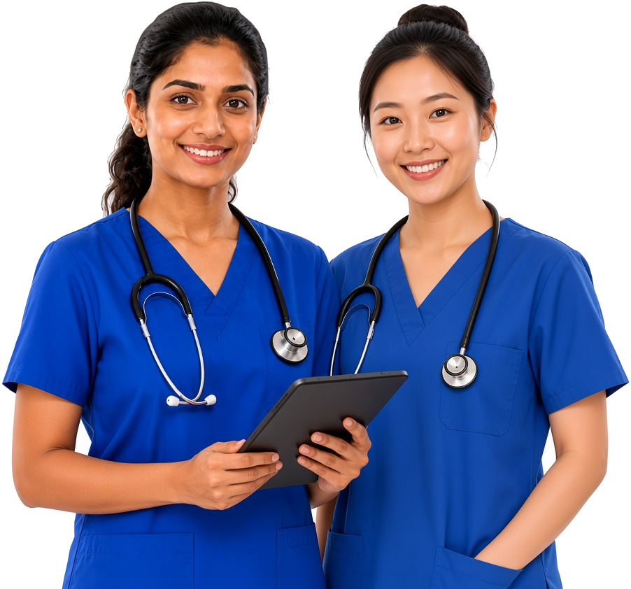 Two nurses in blue scrubs standing together and smiling