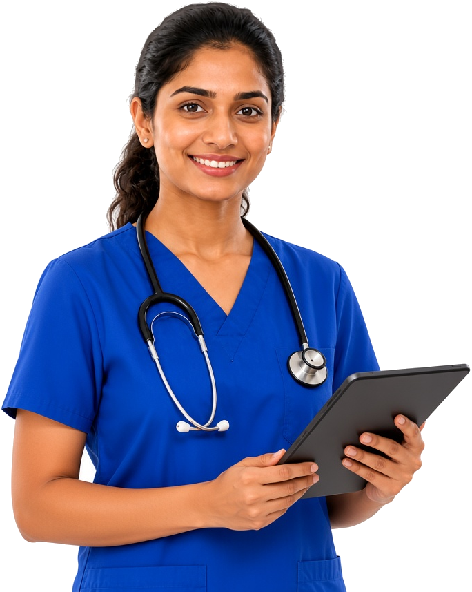 A nurse in blue scrubs holding a tablet and smiling