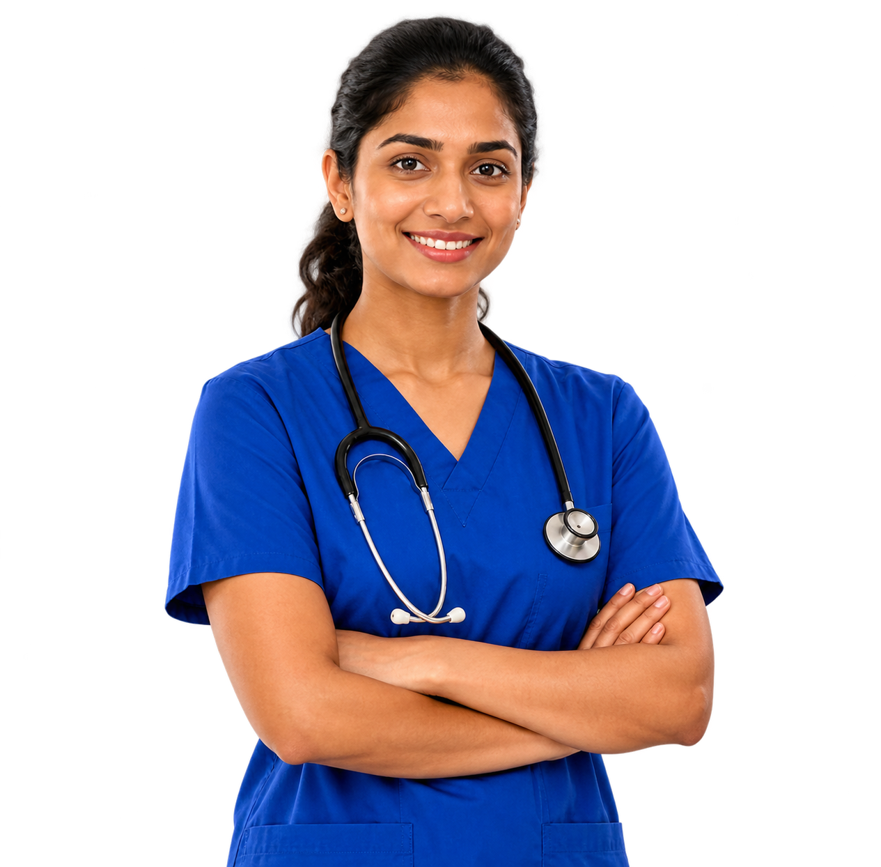 A nurse in blue scrubs standing with arms crossed and smiling